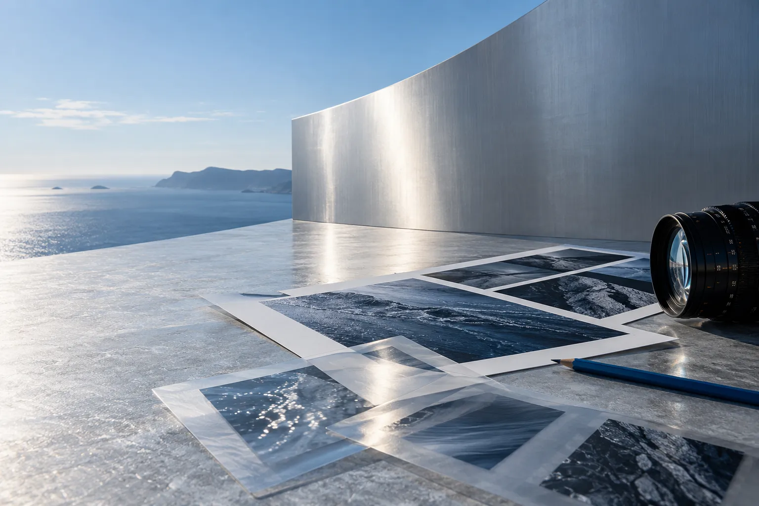 A cinema lens, photographic contact sheets and translucent frames on a sculptural silver desk.