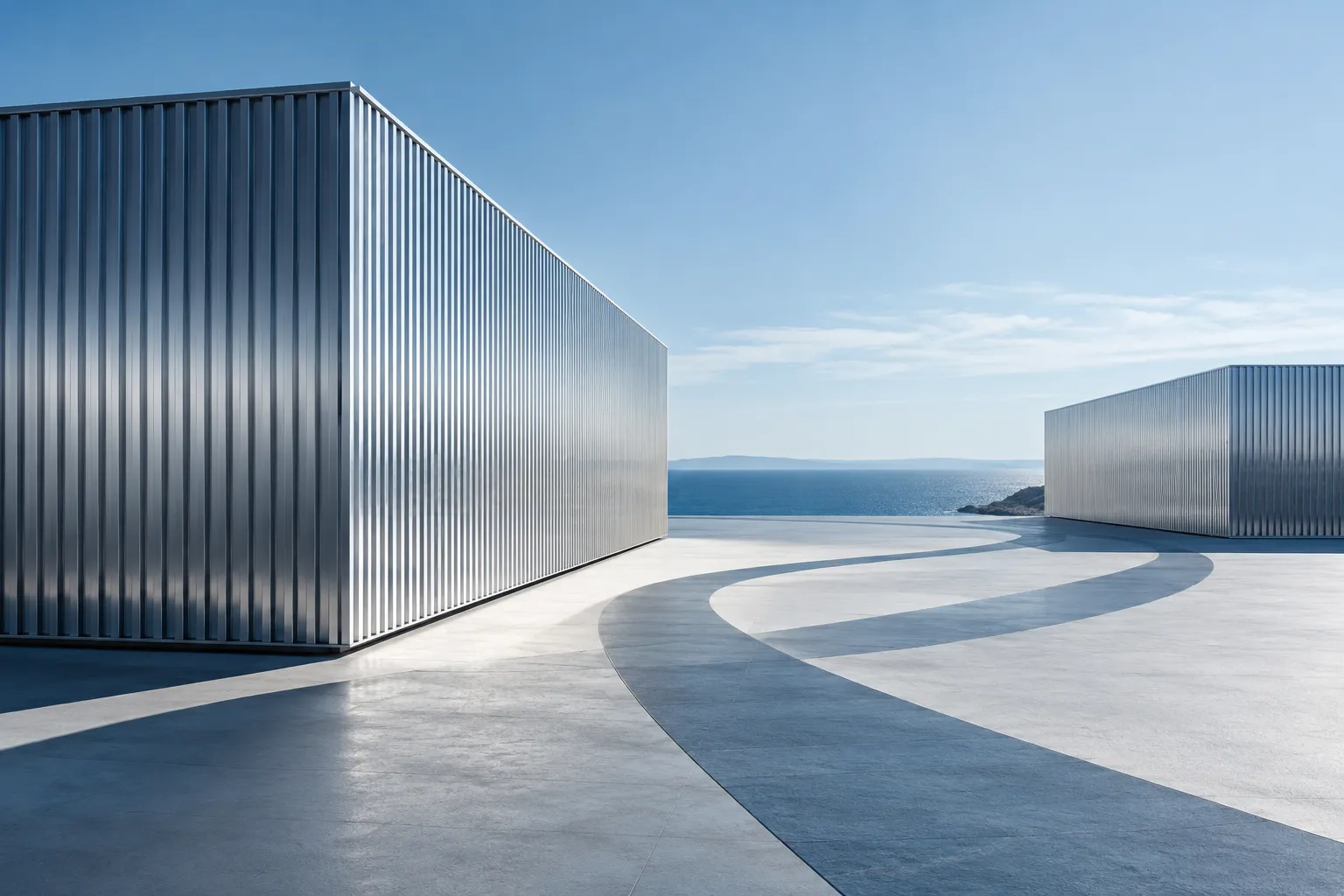 Silver container-like volumes and curved route shadows beside open blue sky.