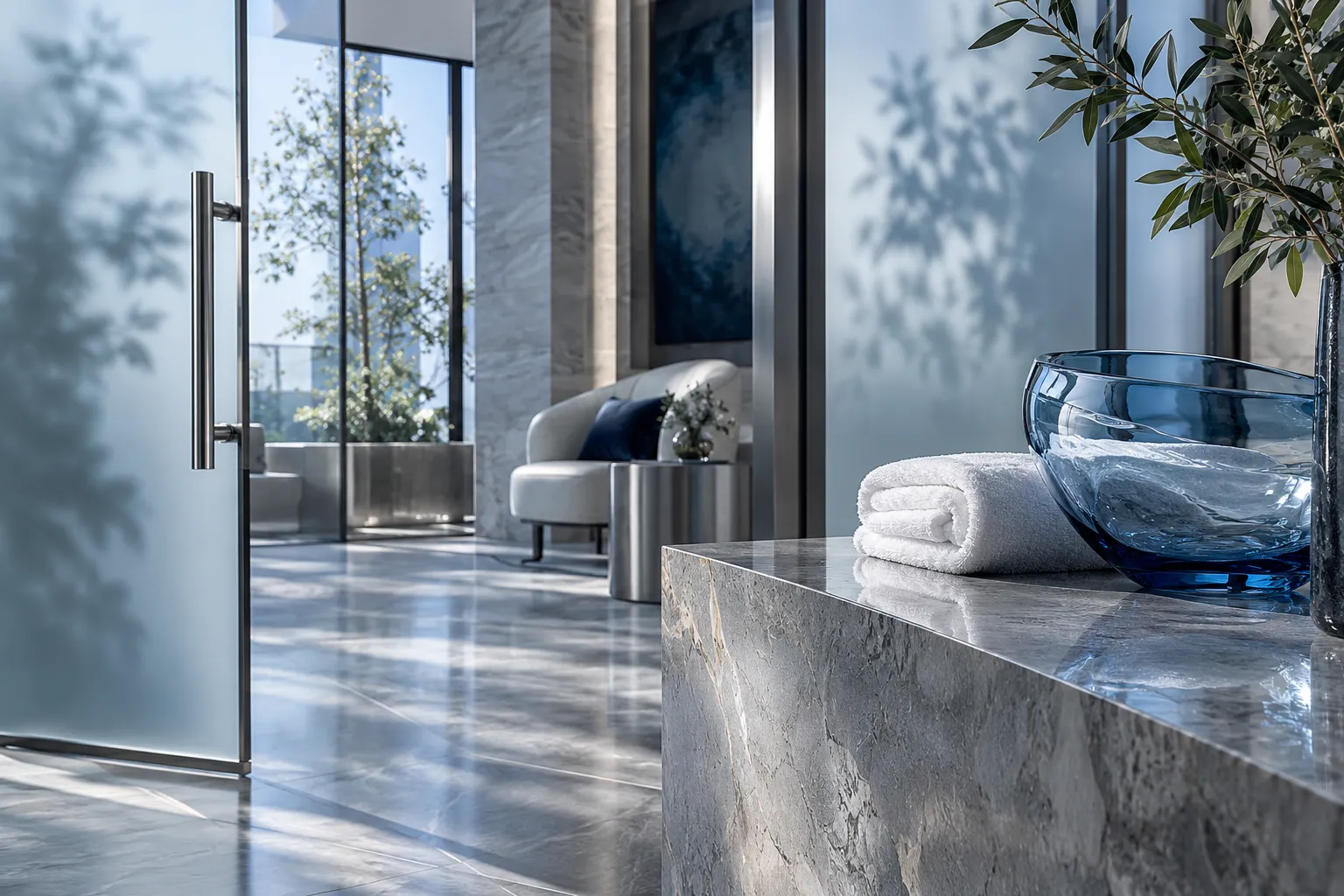 Frosted glass, a blue vessel and folded towels in a calm practice environment.