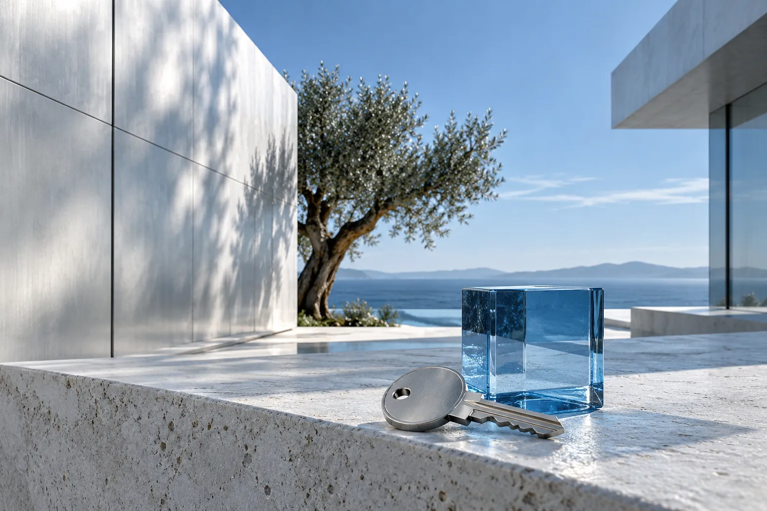 A brushed metal key and blue glass detail among cool silver architectural planes.