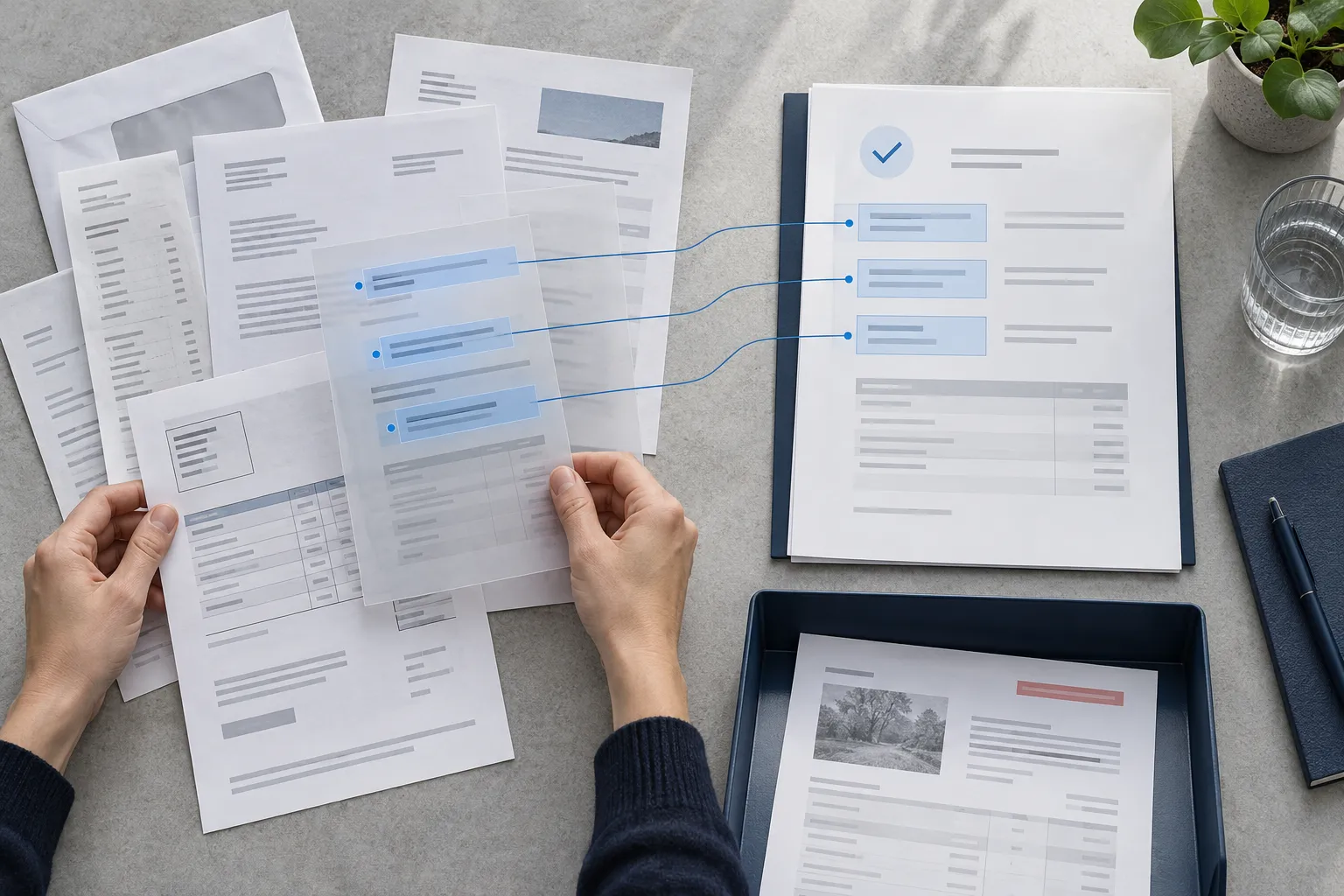 Different incoming documents resolved into a validated structured record, with an exception separated for review.
